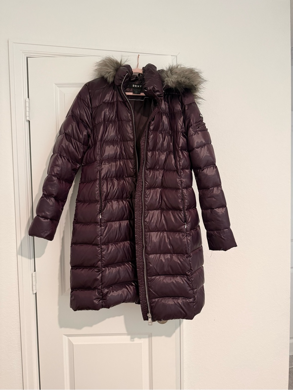 DKNY Long Quilted Puffer Coat with Faux Fur Trim - Plum